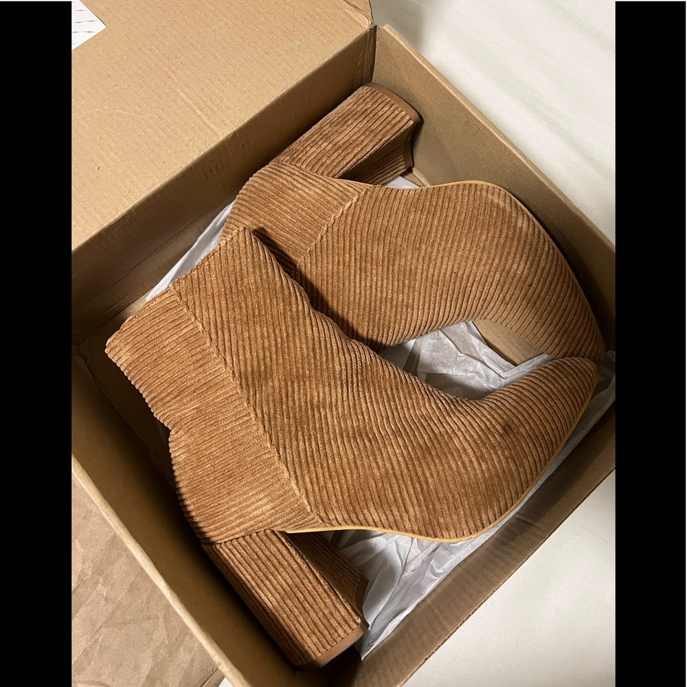 Tan corduroy pointed heeled ankle boots